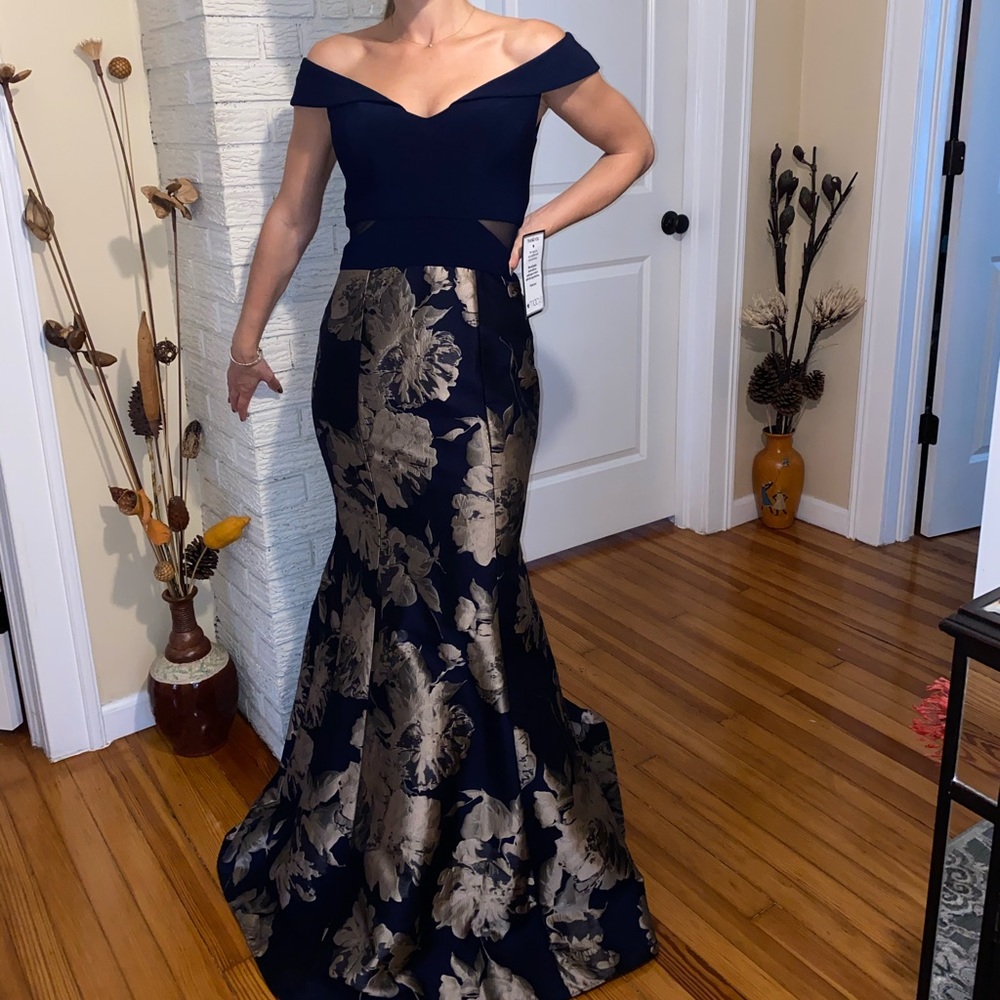 Long evening gown floral print off the shoulder